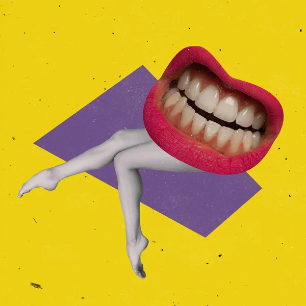 Hedendaagse kunst collage. Giant vrouwelijke mond met mooie slanke benen steken uit geïsoleerd over gele achtergrond — Stockfoto