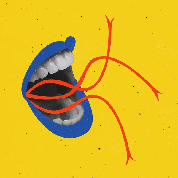 Kolase seni kontemporer. Mulut perempuan raksasa dengan lipstik biru riang dan aktif berbicara terisolasi dengan latar belakang kuning — Stok Foto