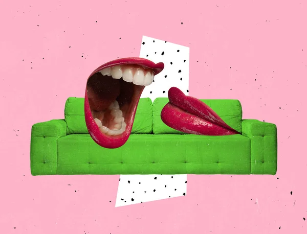 Hedendaagse kunst collage. Vrouwelijke monden liggend op groene bank, het hebben van gesprek geïsoleerd over roze achtergrond — Stockfoto