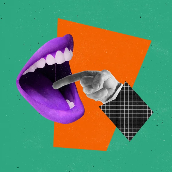 Contemporary art collage. Male hand putting finger on female open mouth isolated over orange green background — ストック写真
