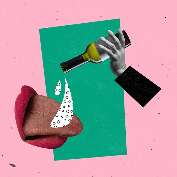 Samtida konstcollage. Kvinna mun dricka vin från flaska isolerad över rosa grön bakgrund — Stockfoto