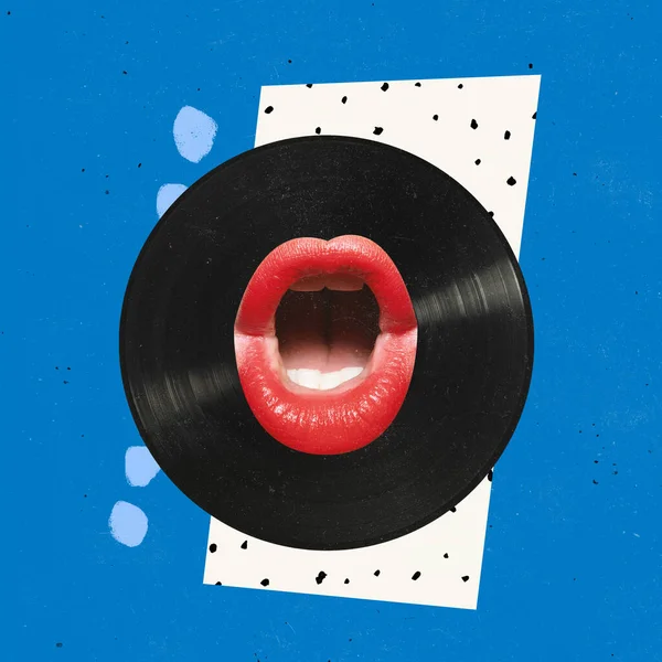 Contemporary art collage. Female mouth with red lipstick singing on retro vinyl record isolated over blue background