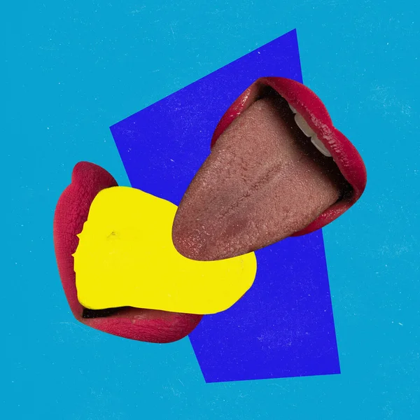 Contemporary art collage. Two female mouths with tongues sticking out isolated over blue background — стоковое фото