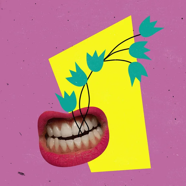 Samtida konstcollage. Kvinna mun innehav blommor isolerade över rosa gul bakgrund — Stockfoto