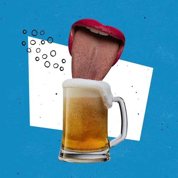 Contemporary art collage. Female mouth with sticking tongue out licking lager foamy beer isolated over blue background — Stock Fotó