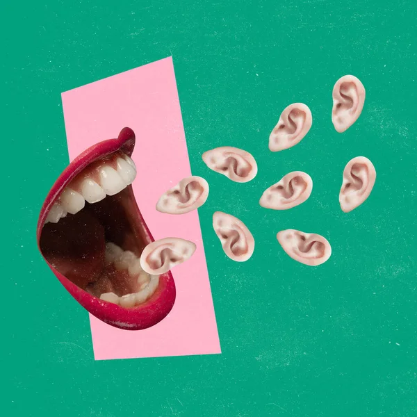 Contemporary art collage. Giant female mouth surrounded by many ears isolated over green pink background — Fotografia de Stock