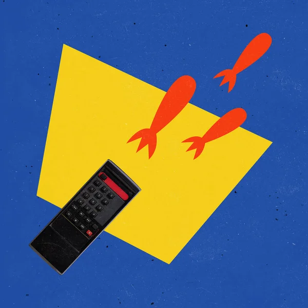 Collage zeitgenössischer Kunst. TV-Fernbedienung Drehen der Bombe symbolisiert Aussehen gefälschter Informationen isoliert über blaugelbem Hintergrund — Stockfoto