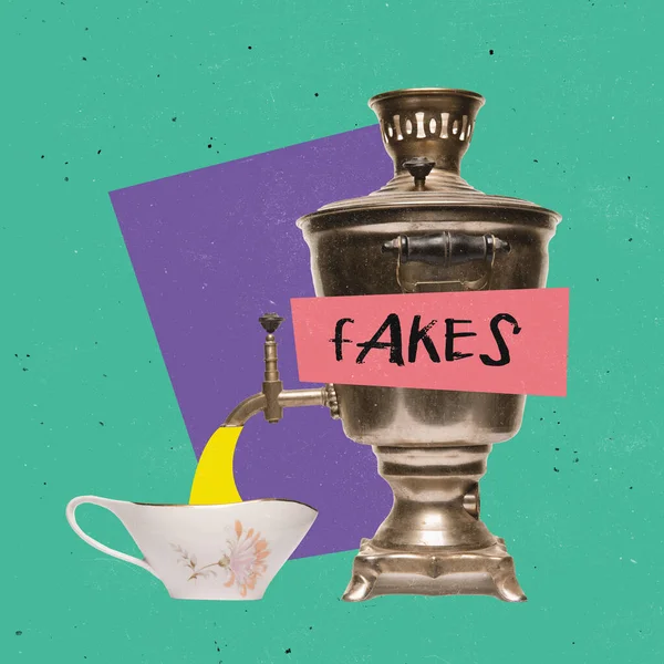 Contemporary art collage. Big tea kettle called samovar spreading fake information isolated over purple background — Photo