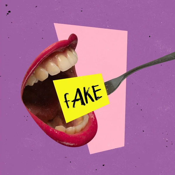 Contemporary art collage. Giant female mouth eating fake news spinning on fork isolated over purple background — Photo