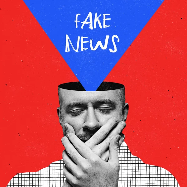 Contemporary art collage. Man covering mouth with hand due to spreading fake information isolated over red background — Photo