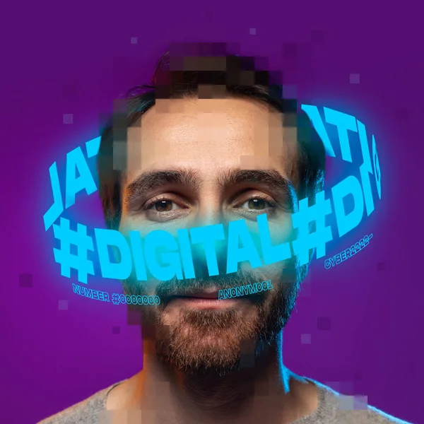 Contemporay artwork. Man with neon lettering around pixel head isolated over purple background