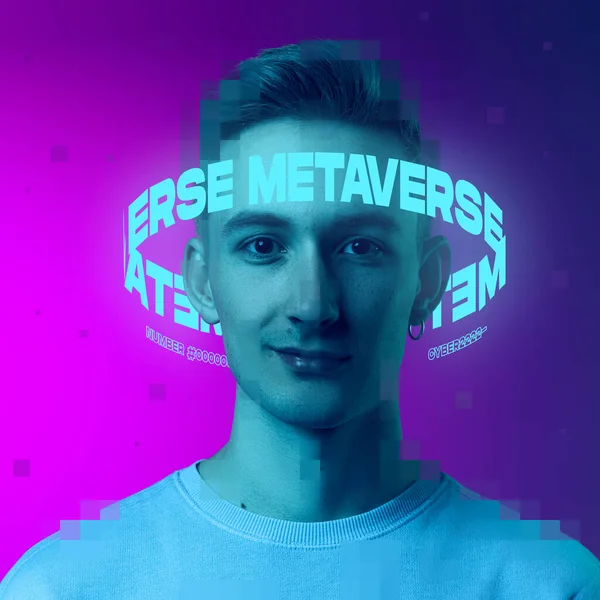 Contemporay artwork. Young boy with neon lettering around head looking at camera isolated over gradient pink purple background — Stock fotografie