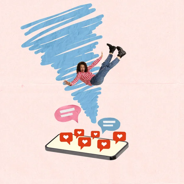 Сучасне мистецтво колаж. Молода дівчина падає на екран телефону, наповнений як піктограми і текстові повідомлення — стокове фото
