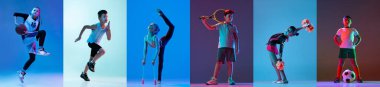 Kolaj. Motive olmuş spor çocukları eğitimi neon ışıklı arka planda izole edilmiş.