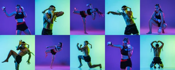 Collage. Set portretten van sportieve mensen, vrouwelijke MMA vechter en thai bokser in actie geïsoleerd over veelkleurige achtergrond in neon licht — Stockfoto