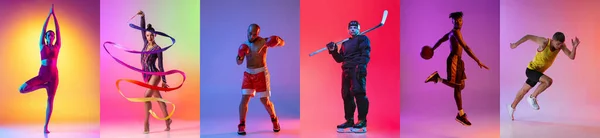 Collage. Portraits of young sportive people training isolated over multicolored background in neon light — Stockfoto