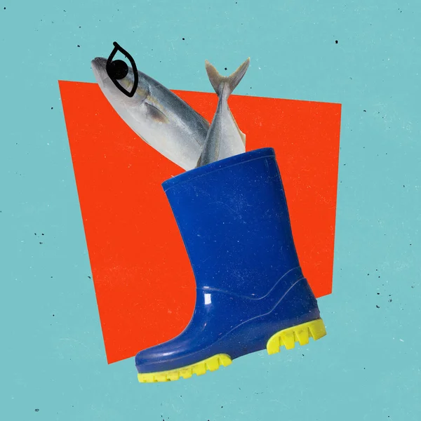 Contemporary art collage. Abstract image of fish sticking out of rubber boots isolated over blue background. Fishing hobby — Stockfoto