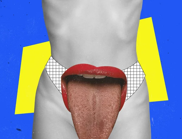 Contemporary art collage. Female body and mouth with tongue sticking out isolated over blue background. Women health care — Stockfoto