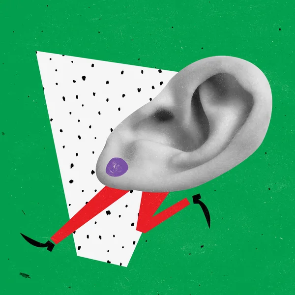 Contemporary art collage. Human ear running isolated over green background. Spreading news and rumors — Stockfoto