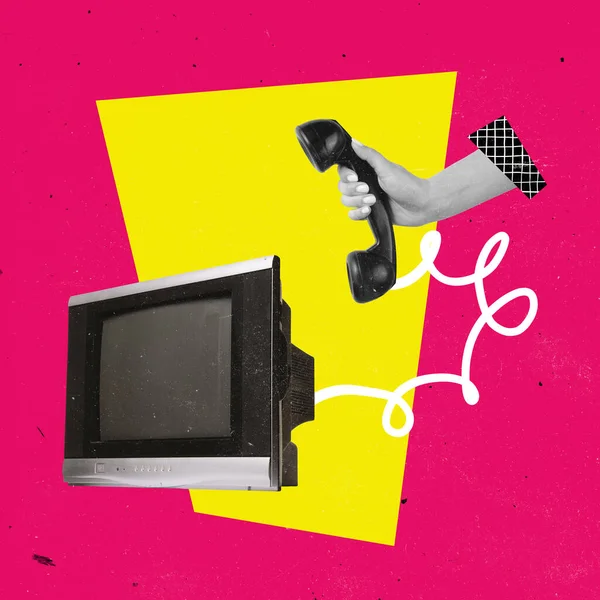 Contemporary art collage. Retro TV set and phone handset isolated oevr bright pink background — Stockfoto