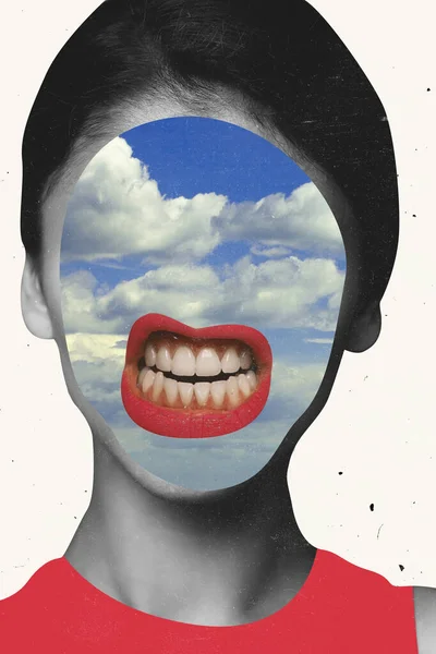 Contemporary art collage. Female face with cloud image isdolated over white background. Dreaming — Stock fotografie