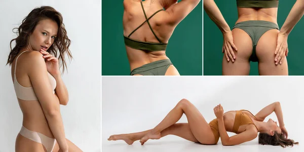 Collage. Portraits of slim muscular young woman posing in underwear isolated over white and green studio background — Stock Photo, Image