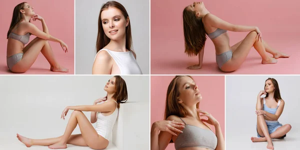 Collage. Retratos de una hermosa joven posando en ropa interior gris algodón aislada sobre fondo de estudio rosa y gris. — Foto de Stock