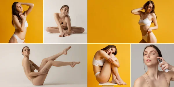 Set of portraits of young beautiful woman posing in underwear isolated over grey and yellow background. Taking care after body — Stok fotoğraf
