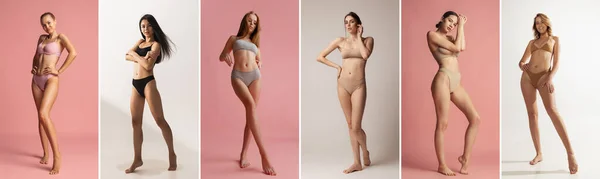 Collage. teder jonge meisjes poseren in ondergoed geïsoleerd over roze en grijze achtergrond — Stockfoto