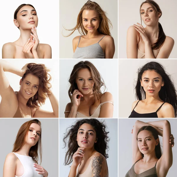 Zestaw portretów młodych pięknych kobiet delikatnie pozujących, patrzących na kamerę odizolowaną na szarym tle. Naturalne piękno — Zdjęcie stockowe