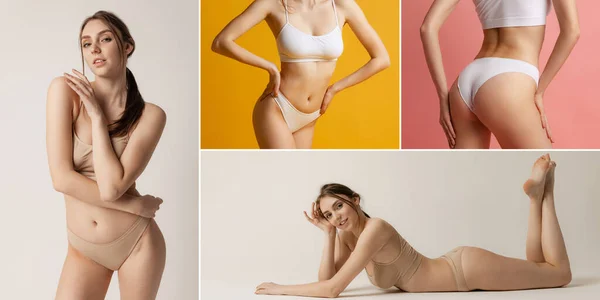 Collage. Portraits of young woman posing in underwear isolated over multicolored background. Anti-cellulite treatment — Stok fotoğraf