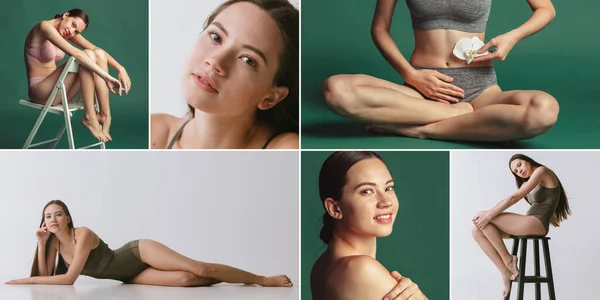 Collage. Portraits of young beautiful girl posing in lingerie isolated over green and grey studio background — Stock Photo, Image