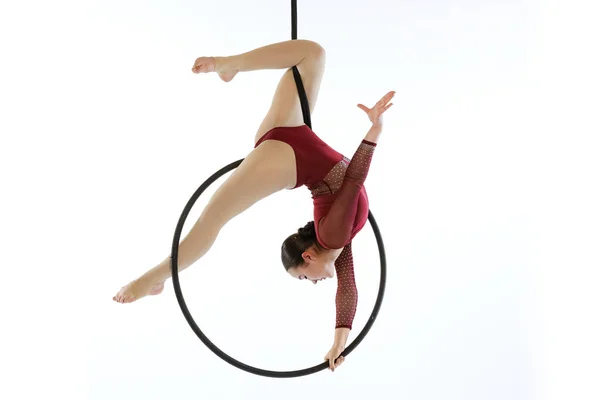 Portrait of young flexible girl, air gymnast performing on hoop isolated over white studio background — ストック写真