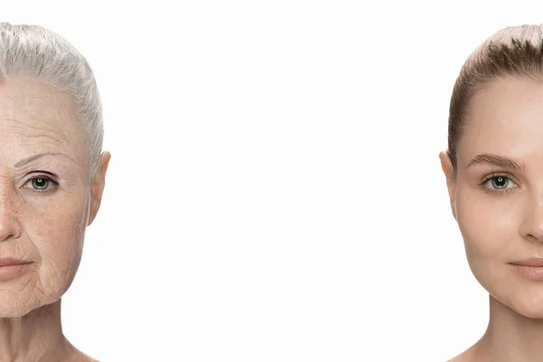 漂亮女人的半脸肖像，年轻光滑的老皱纹的皮肤。之前和之后。老龄化和年轻化进程 — 图库照片