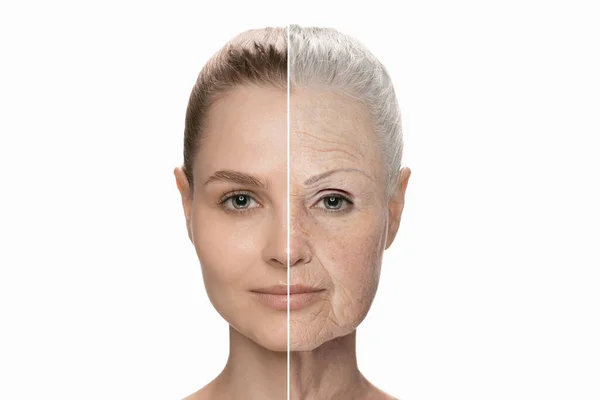 Comparison. Portrait of beautiful woman with young smooth and old wrinkled skin. Process of aging and rejuvenation — Stock Photo, Image
