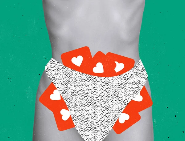 Contemporary art collage. Social media likes appearing on female body. Body-positivity — Zdjęcie stockowe