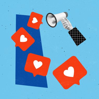 Contemporary art collage. Megaphone and social media likes isolated over blue background. Internet information