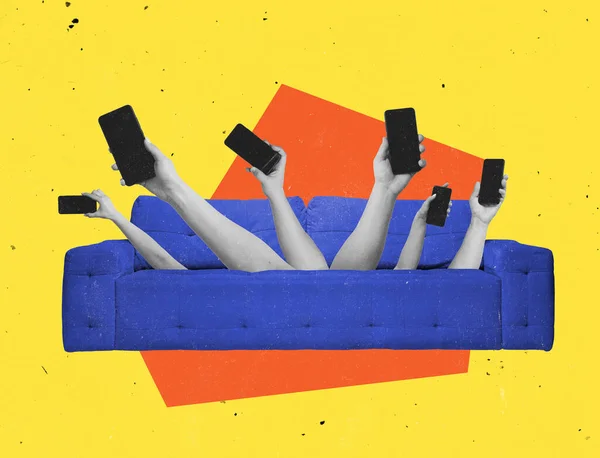 Contemporary art collage. Many human hands with mobile phones appearing from sofa isolated over yellow background. — Stockfoto