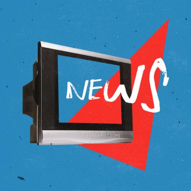 Çağdaş sanat kolajı, sahte haberler gösteren TV seti, mavi arkaplanda izole edilmiş yanlış bilgiler.
