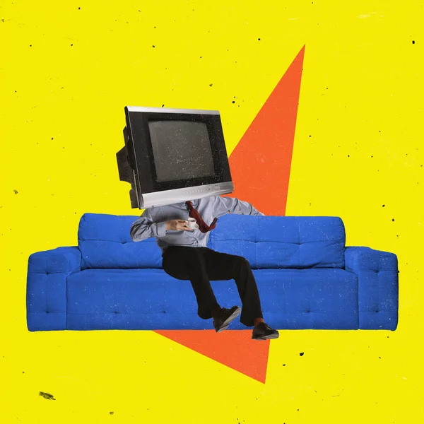 Contemporary art collage. Man with retro TV head sitting on sofa, drinking coffee and listening to news isolated over yellow background — Stock Photo, Image