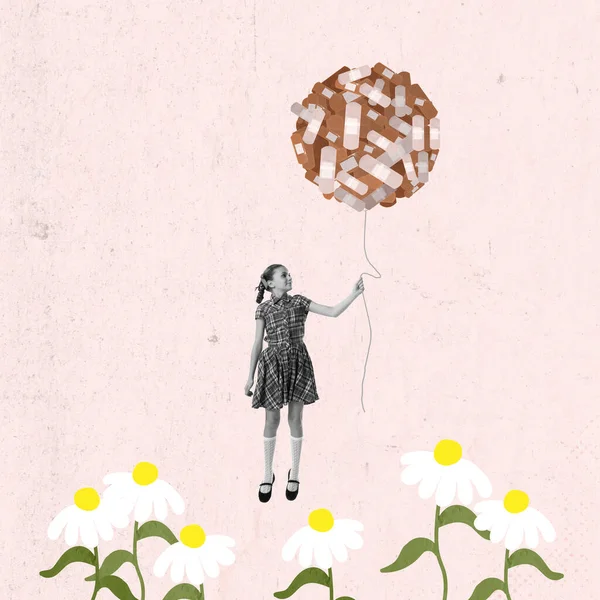 Çağdaş sanat kolajı. Hava balonunu tutan küçük bir kızın kavramsal görüntüsü alçılarla kaplı güvenli çevreye duyulan ihtiyacı simgeliyor. — Stok fotoğraf