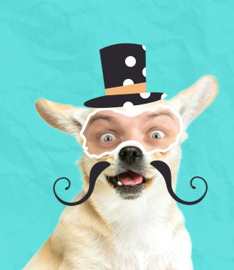 Çağdaş sanat kolajı. Mavi arka planda erkek gözü olan komik köpekler ağırlar.