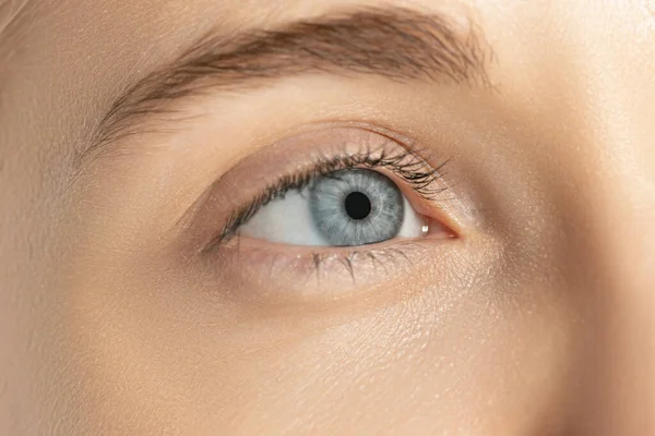 Közelkép a gyönyörű kék női szemről. Lézeres látásjavítás. Az egészség, az orvostudomány, a sebészet fogalma — Stock Fotó