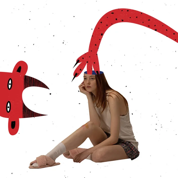 Kortárs Művészeti Kollázs Fogalmi Kép Fiatal Lány Padlón Depresszió Kétségbeesés — Stock Fotó
