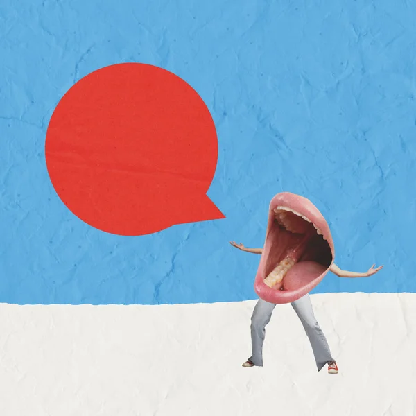 Contemporary Art Collage Giant Female Mouth Legs Expressively Shouting Isolated — Stock Photo, Image