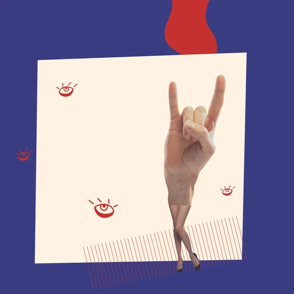 Hedendaagse Kunst Collage Menselijke Hand Met Vinger Symbool Vrouwelijke Benen — Stockfoto