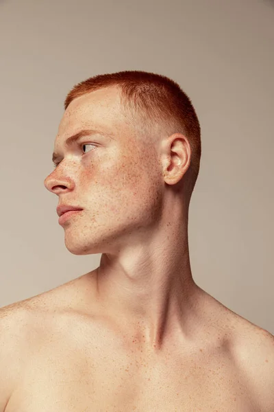 Close Portrait Handsome Young Red Haired Man Posing Isolated Grey — Stock Photo, Image