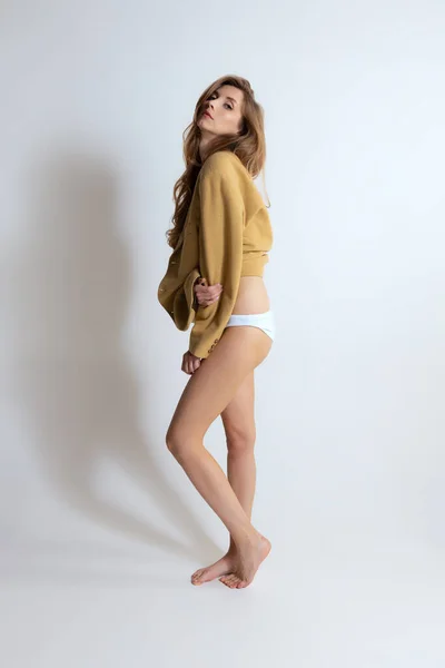 Full Length Portrait Young Stylish Girl Posing Yellow Jacket Underwear — Stock Photo, Image