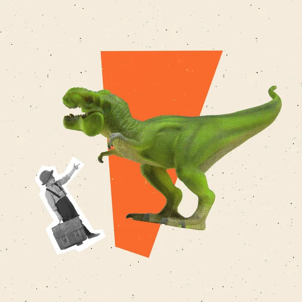 stock image Contemporary art collage. Little boy, child in vintage cloth with retro suitcase playing with giant dinosaur isolated over beige background. Concept of creativity, inspiration, childhood, fun.