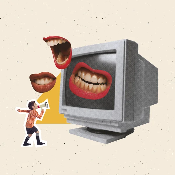 Contemporary Art Collage Little Boy Child Shouting Megaphone Retro Set — Stock Photo, Image